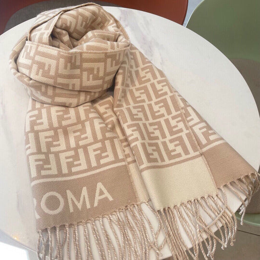 FENDI ROMA 190 FF SCRAF IN CAMEL BROWN MIX WHITE WOOL AND CASHMERE