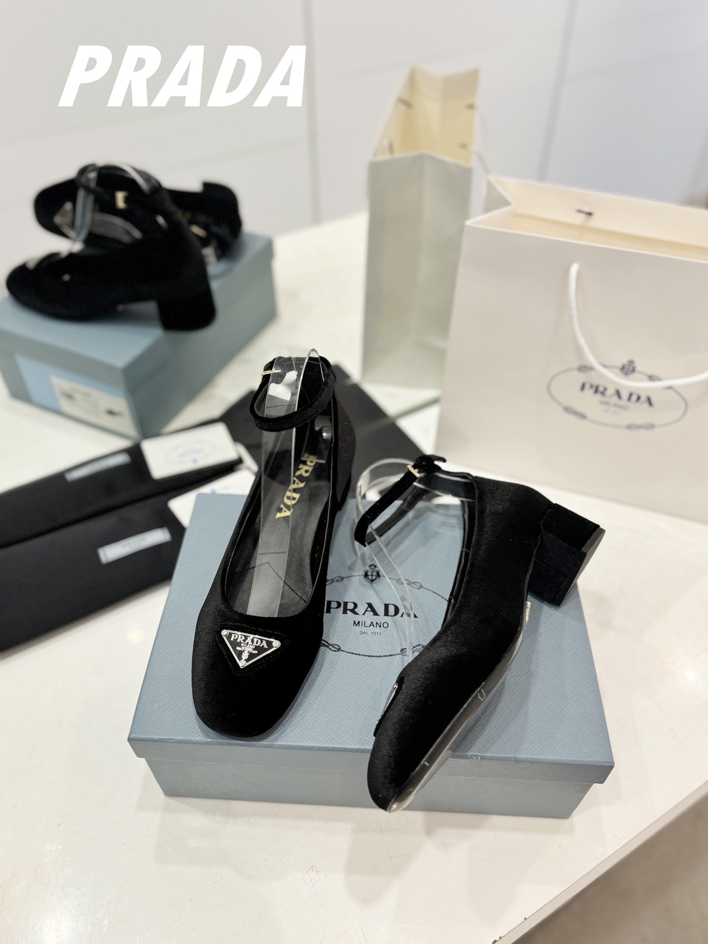 PRADA Pumps 40 Square Sole Black Velvet