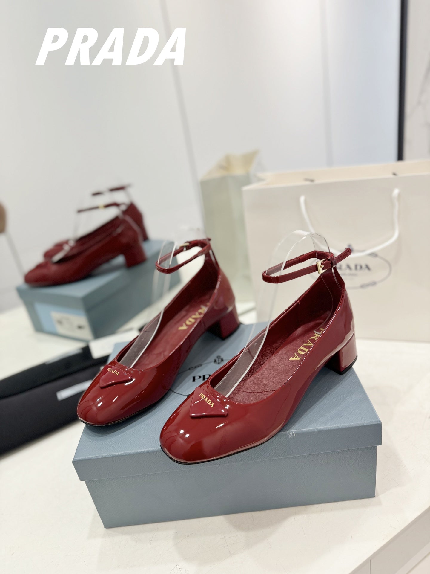PRADA Pumps 40 Square Sole Wine Patent Leather