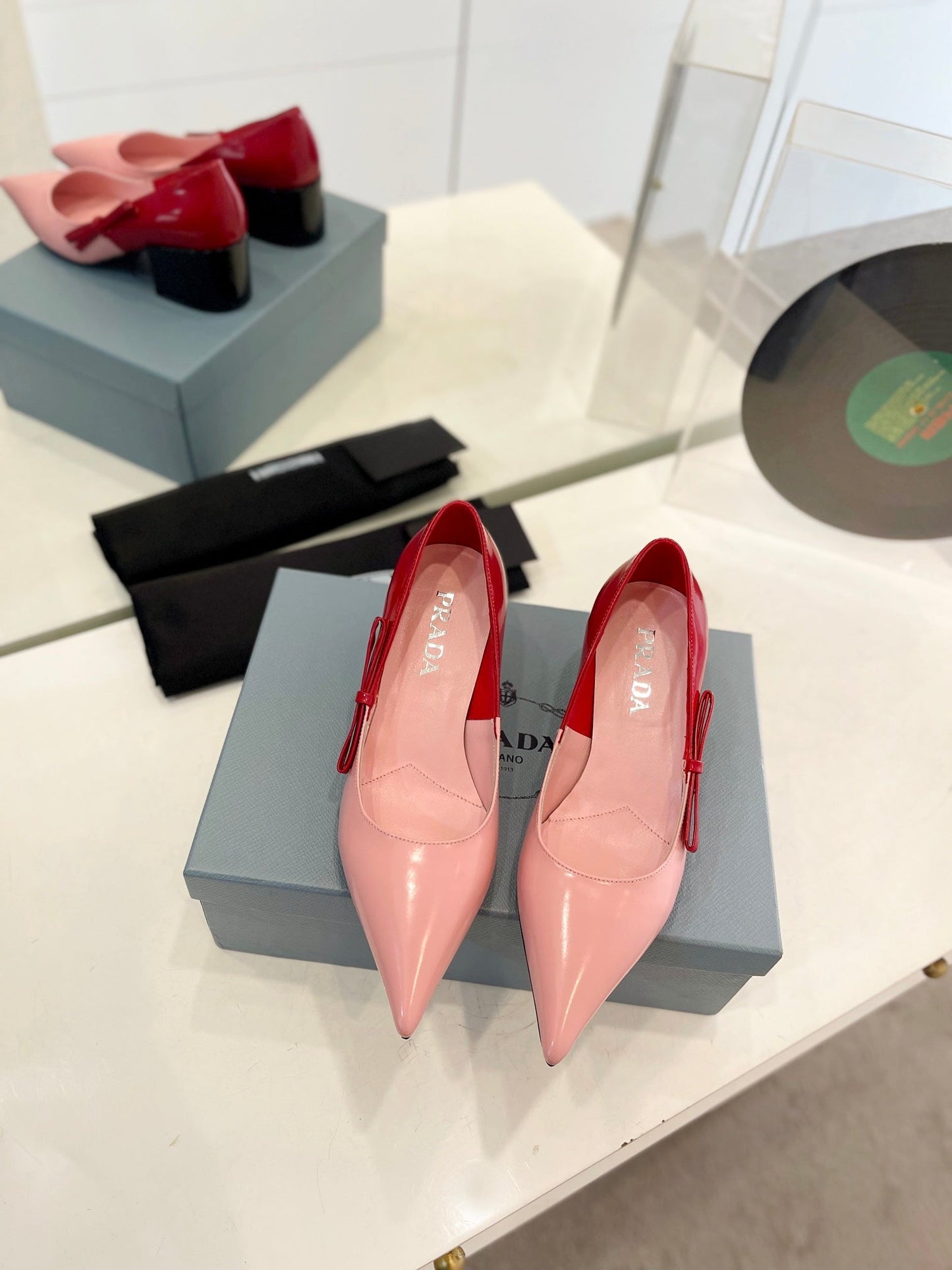 PRADA Pump 45 Square Sole Pink Red Patent Leather
