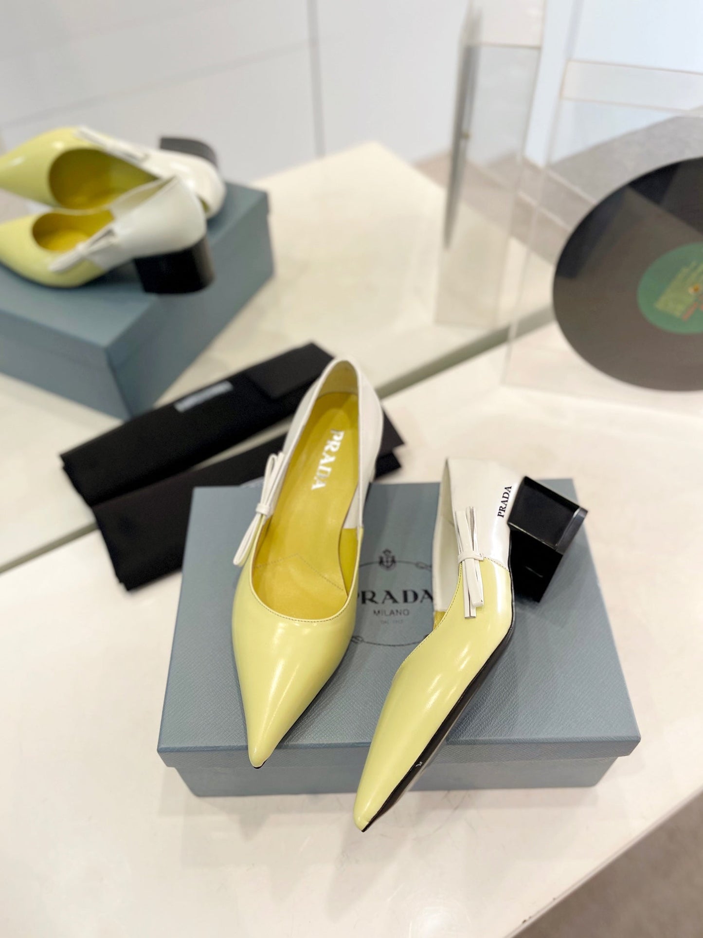 PRADA Pump 45 Square Sole Vanilla White Patent Leather