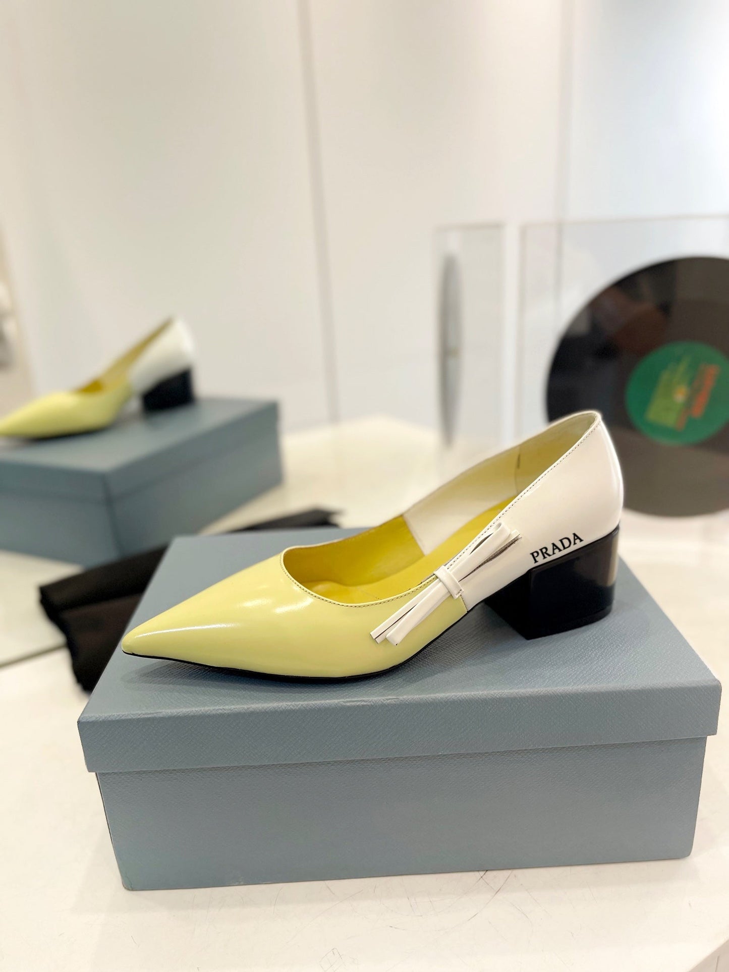 PRADA Pump 45 Square Sole Vanilla White Patent Leather
