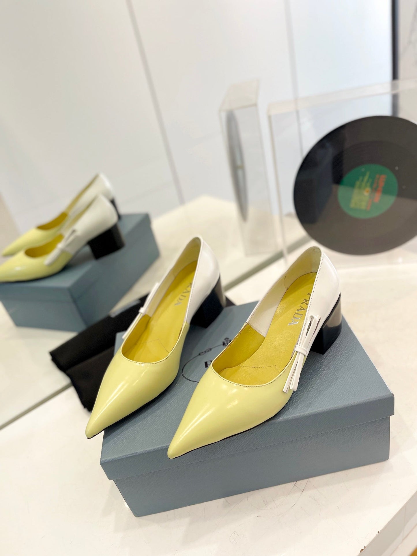PRADA Pump 45 Square Sole Vanilla White Patent Leather