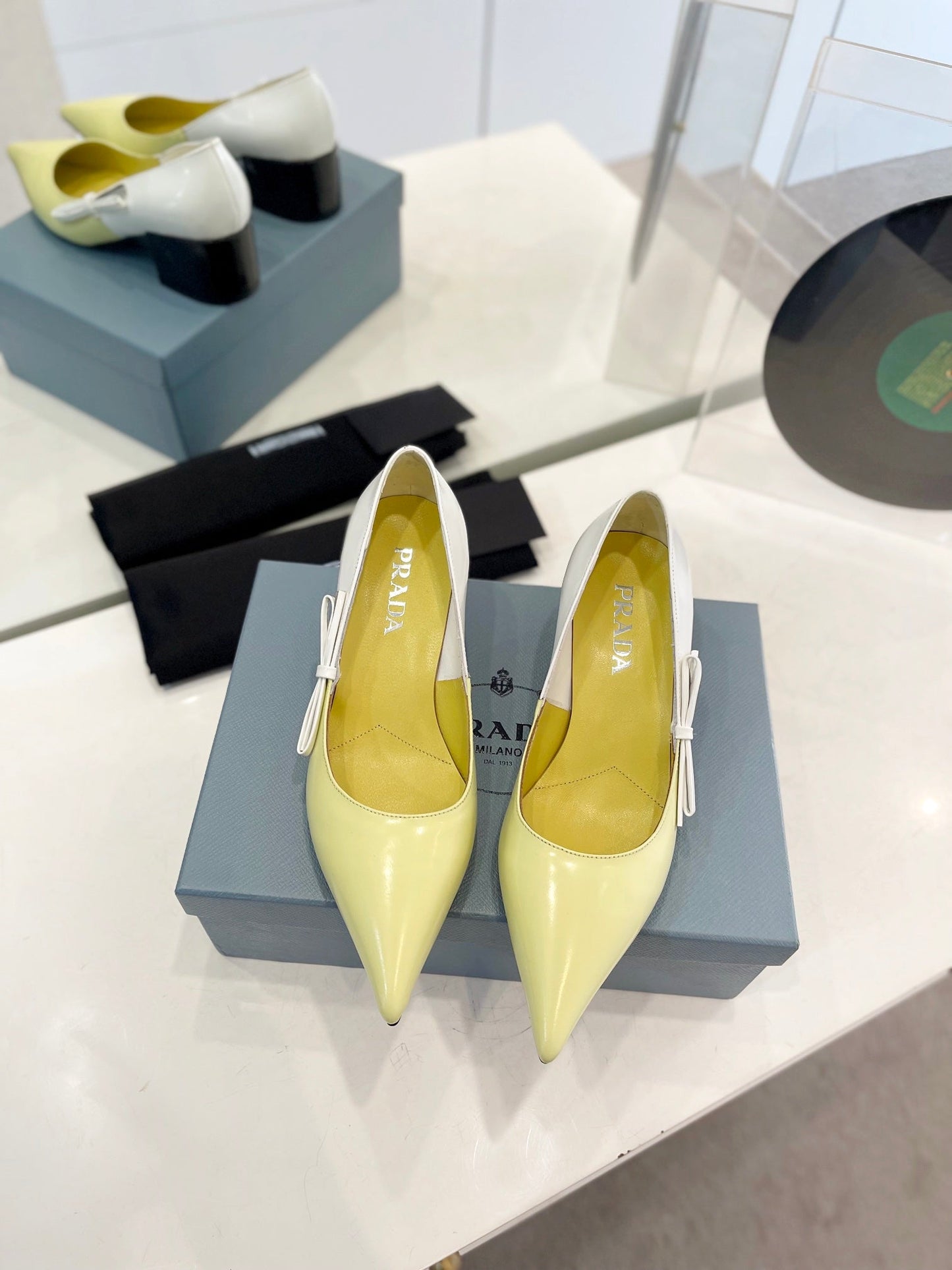 PRADA Pump 45 Square Sole Vanilla White Patent Leather