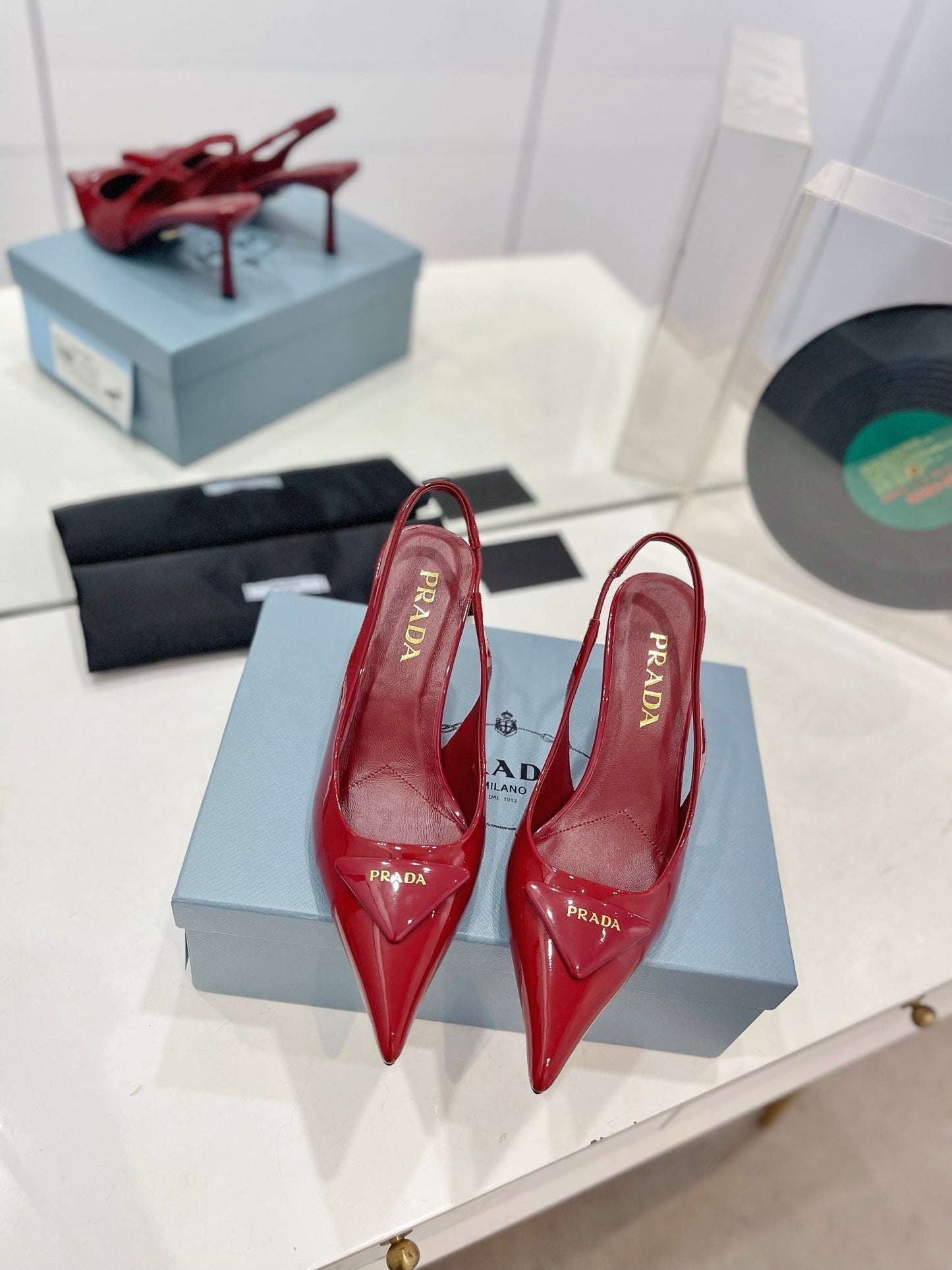 PRADA Slingback Pumps 75 Red Patent Leather