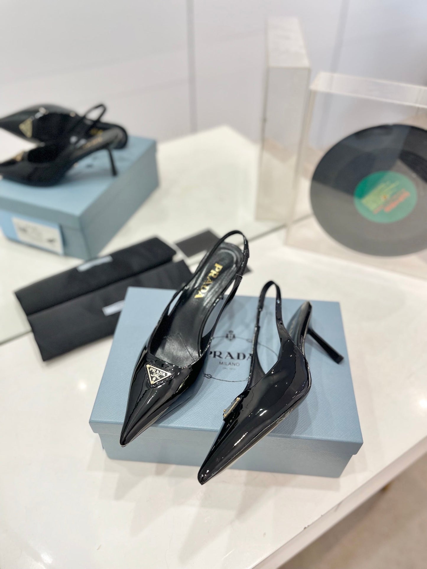 PRADA Slingback Pumps 75 Black Patent Leather