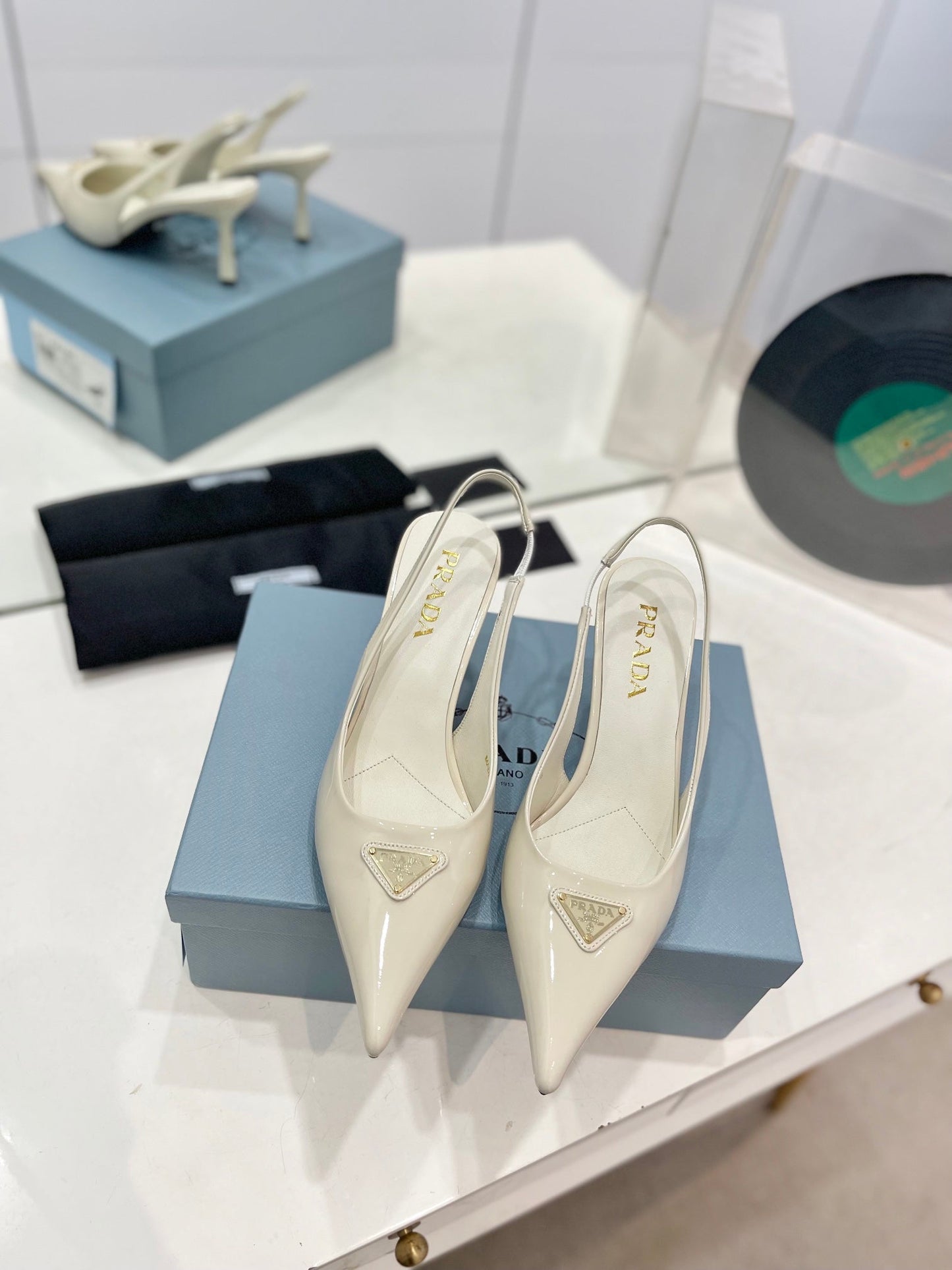PRADA Slingback Pumps 75 White Patent Leather