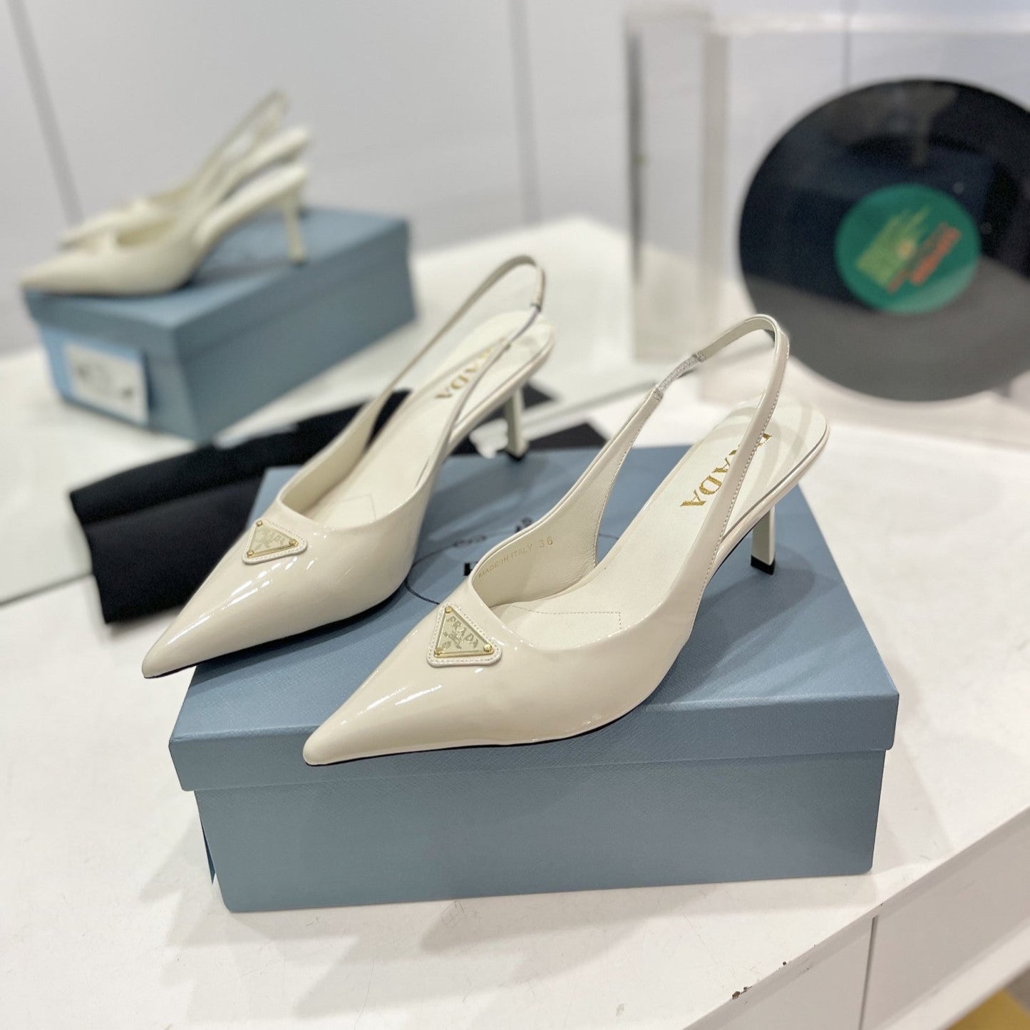 PRADA Slingback Pumps 75 White Patent Leather