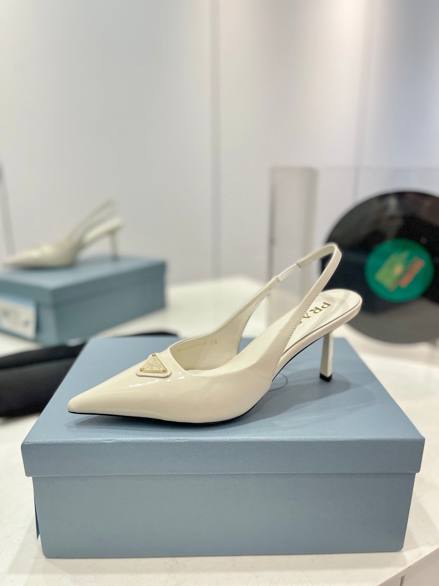 PRADA Slingback Pumps 75 White Patent Leather