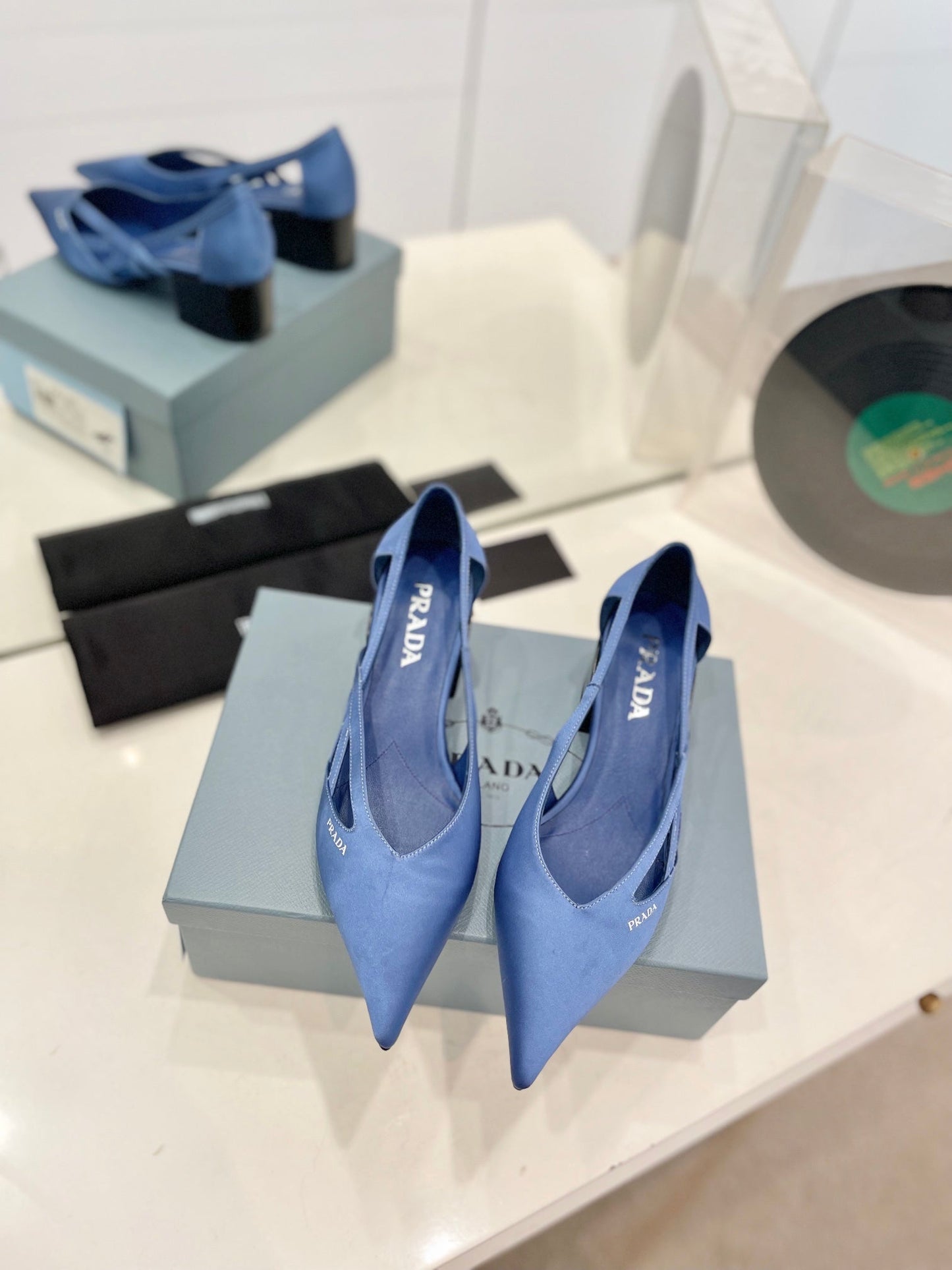 PRADA Pumps 50 Square Sole Light Blue Suede Fabric