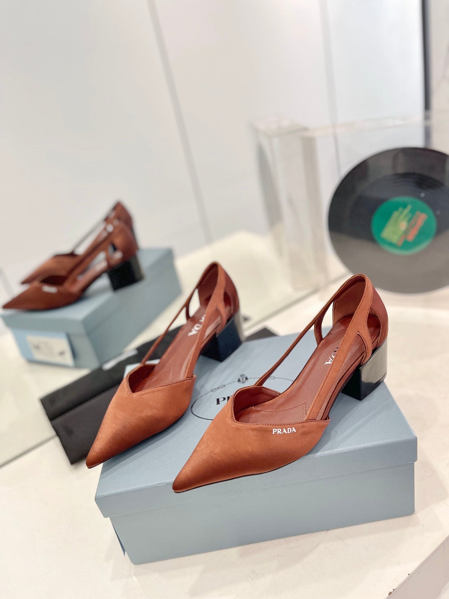 PRADA Pumps 50 Square Sole Brown Suede Fabric