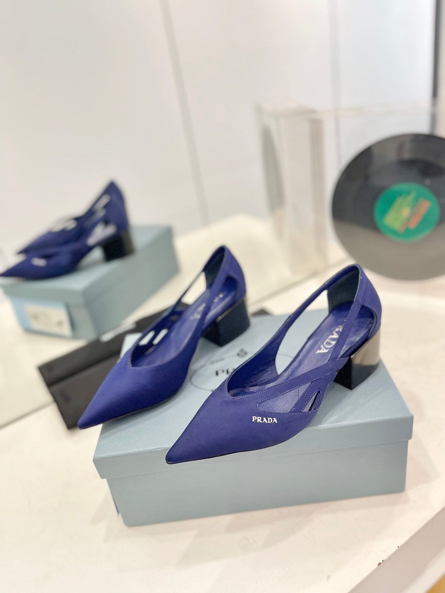 PRADA Pumps 50 Square Sole Blue Suede Fabric