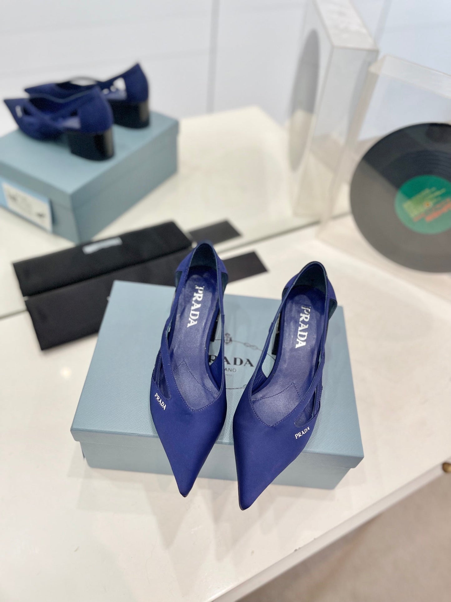 PRADA Pumps 50 Square Sole Blue Suede Fabric