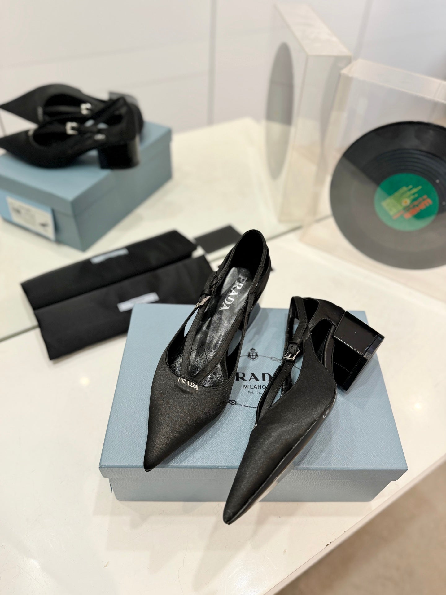PRADA Pumps 50 Square Sole Black Suede Fabric