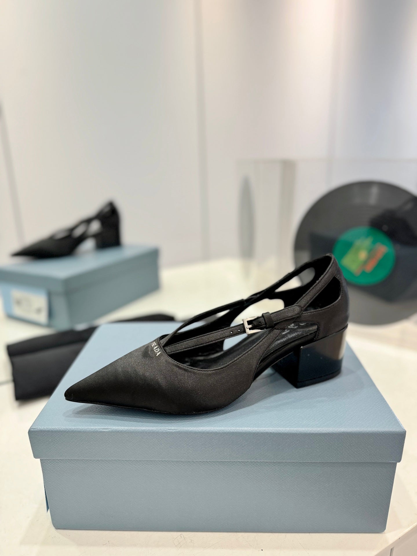 PRADA Pumps 50 Square Sole Black Suede Fabric