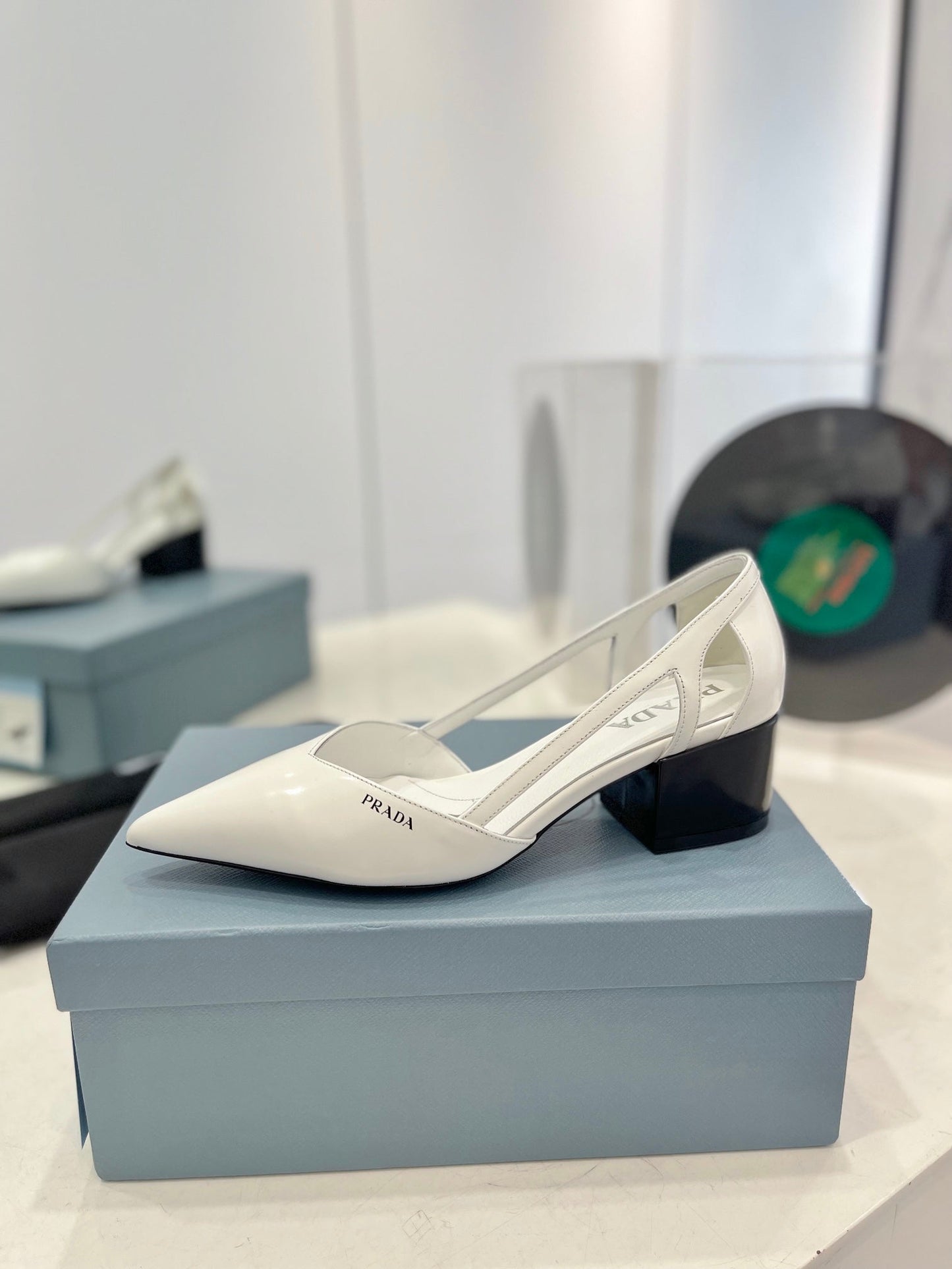 PRADA Pumps 50 Square Sole White Patent Leather