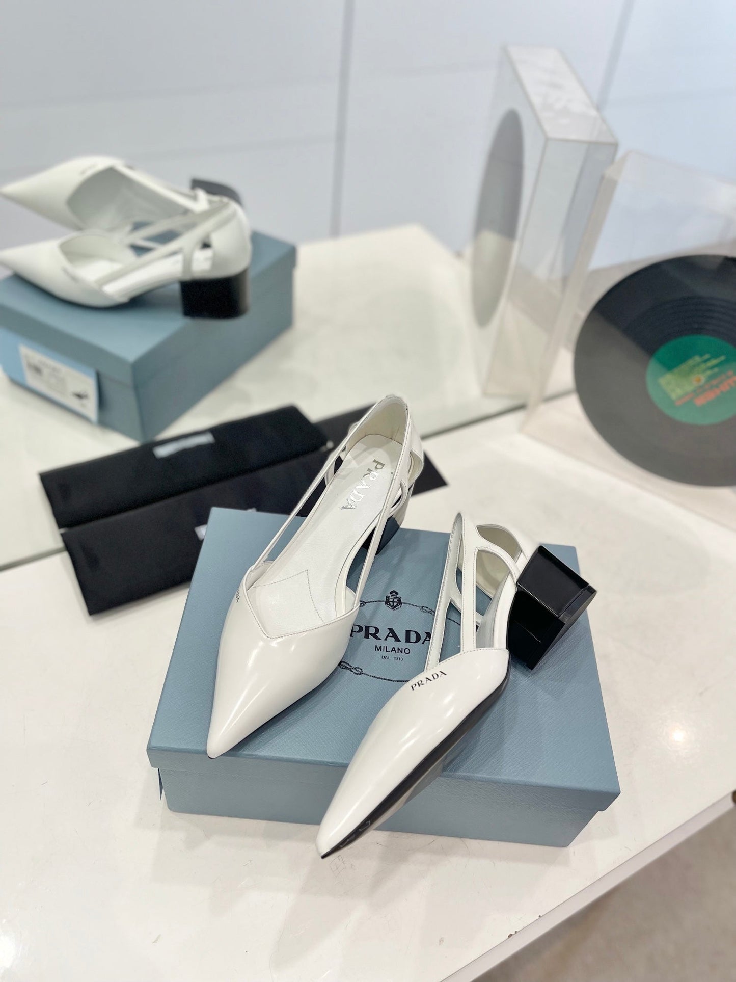 PRADA Pumps 50 Square Sole White Patent Leather