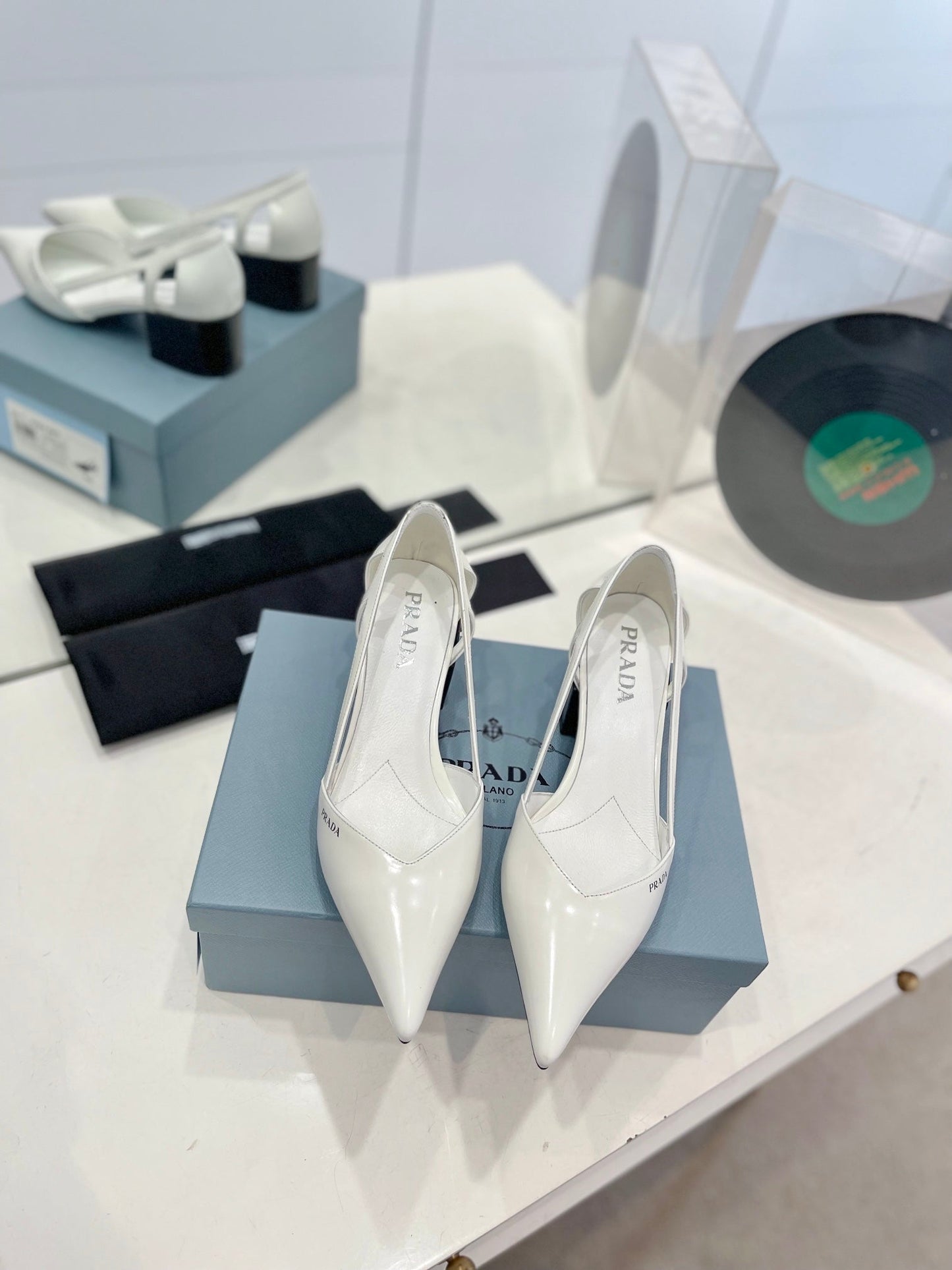 PRADA Pumps 50 Square Sole White Patent Leather