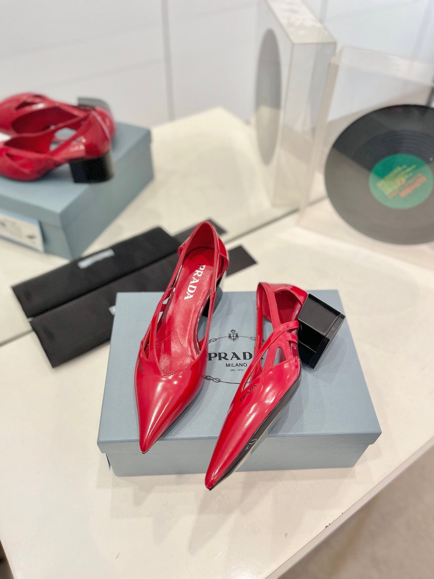 PRADA Pumps 50 Square Sole Red Patent Leather
