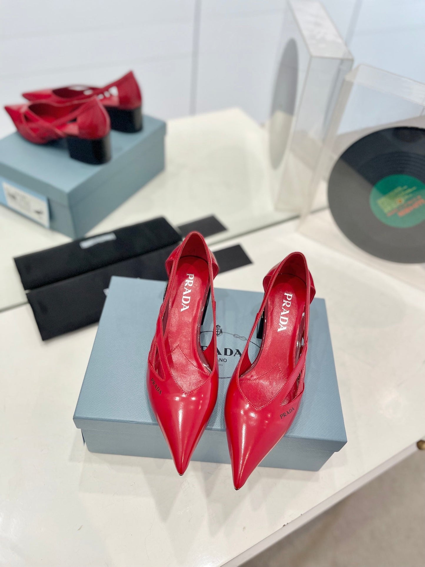 PRADA Pumps 50 Square Sole Red Patent Leather