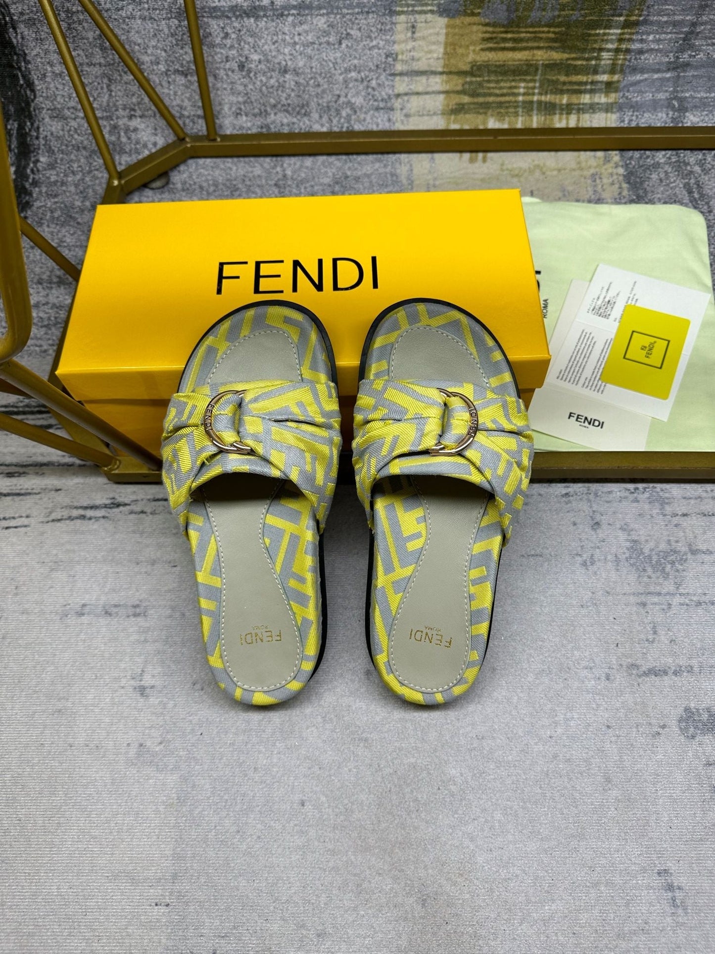 FENDI FF Feel 10 Yellow Grey FF jacquard Slide