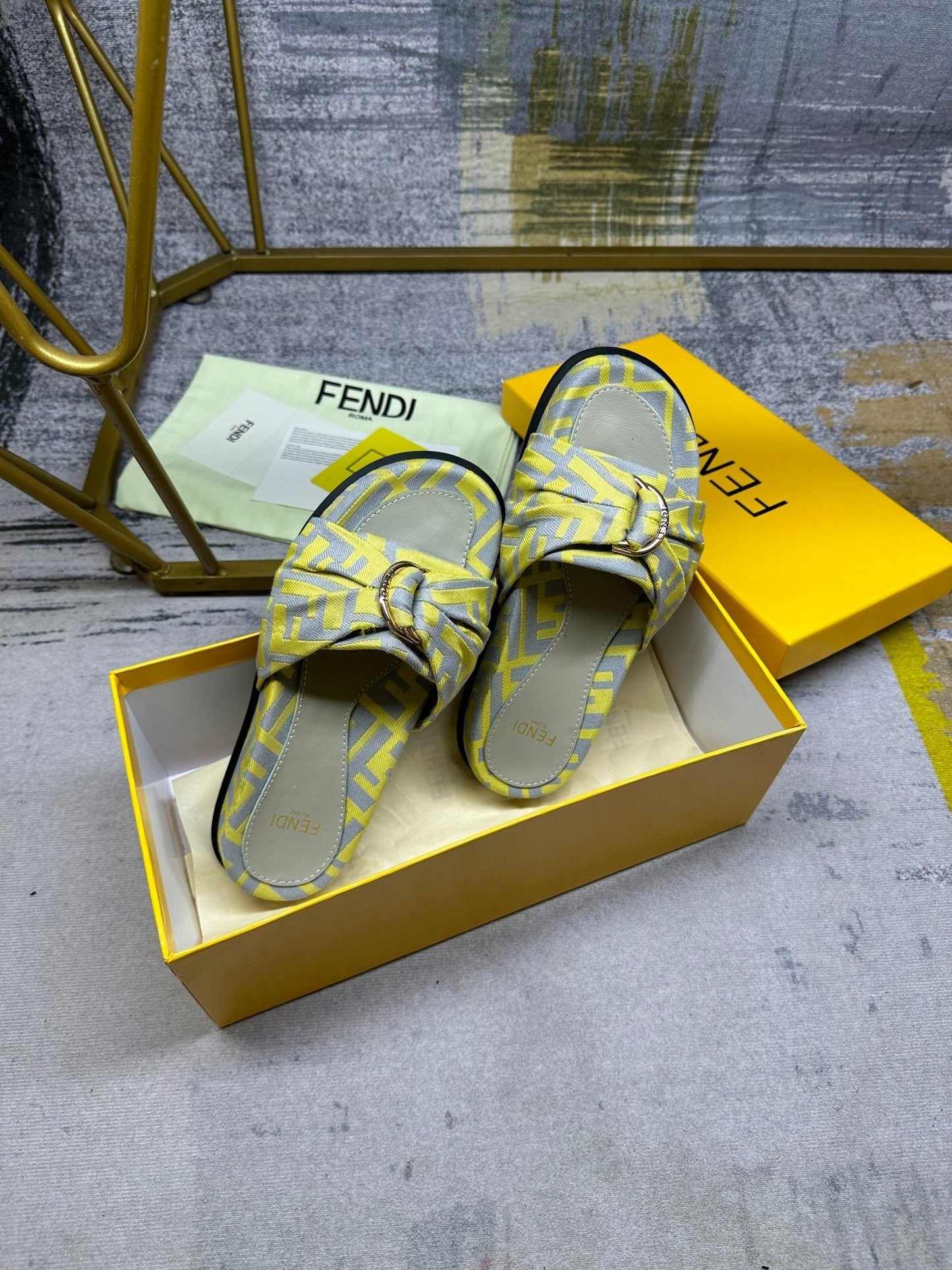 FENDI FF Feel 10 Yellow Grey FF jacquard Slide