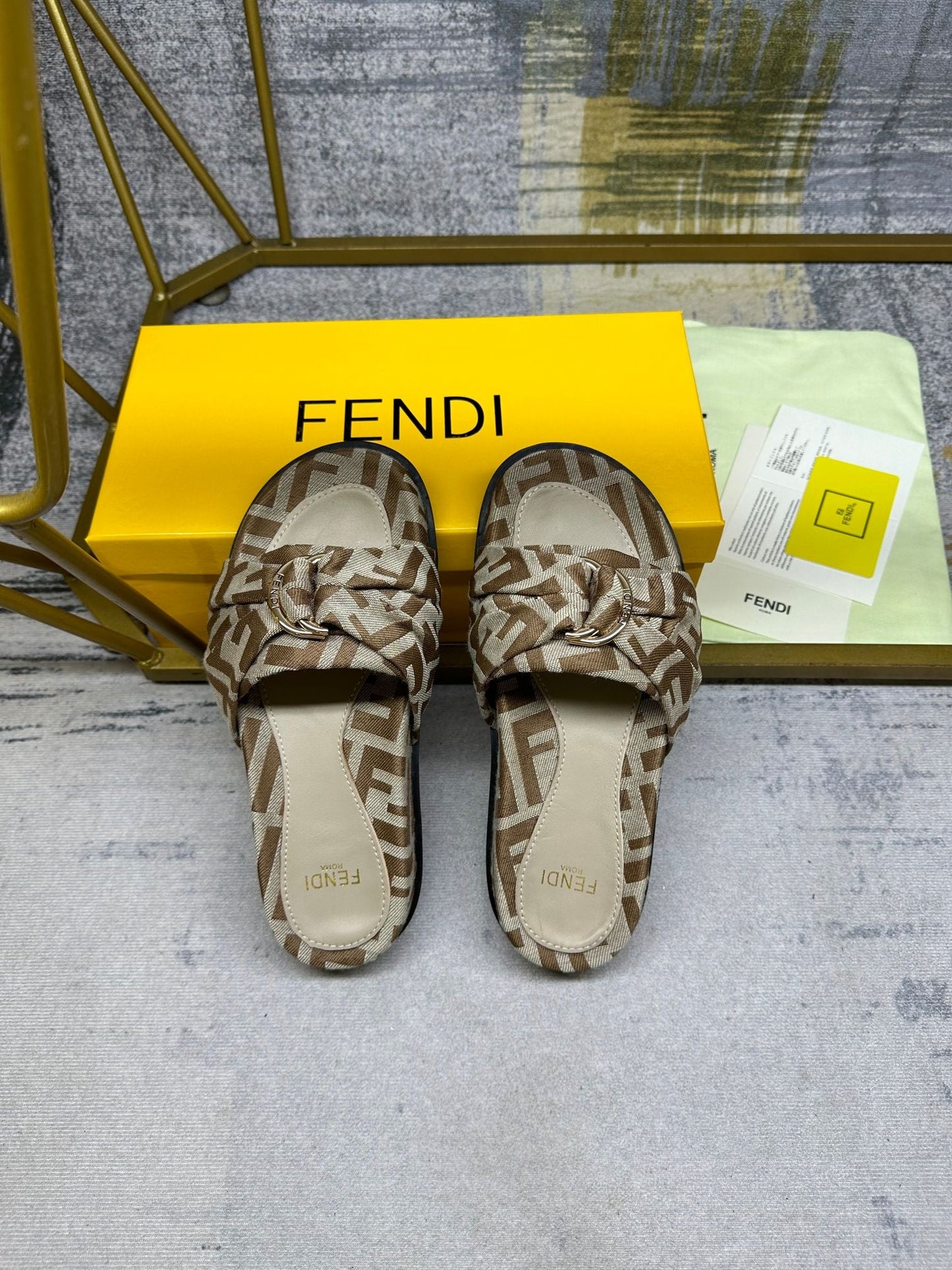 FENDI FF Feel 10 Brown Beige FF jacquard Slide
