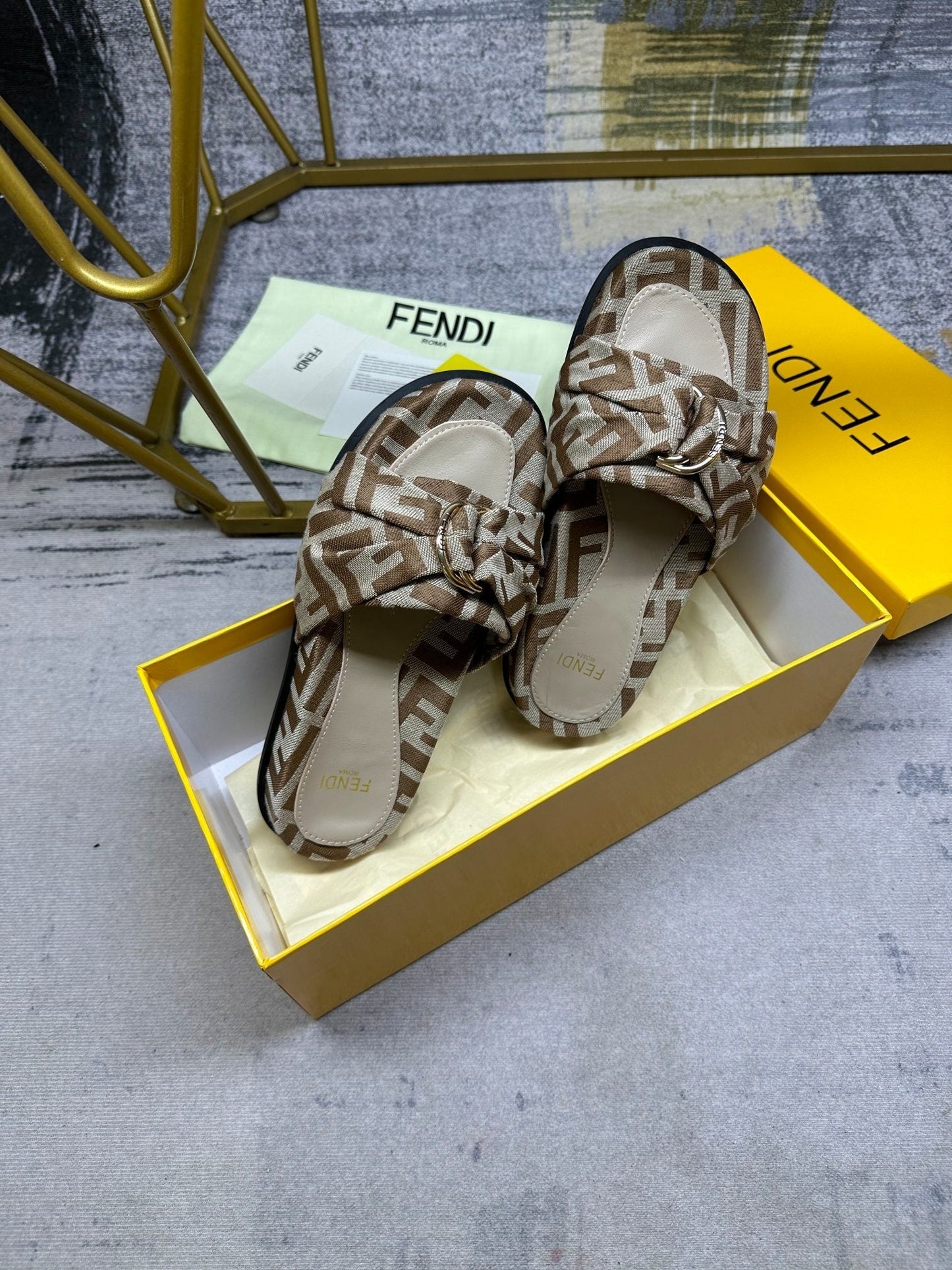 FENDI FF Feel 10 Brown Beige FF jacquard Slide