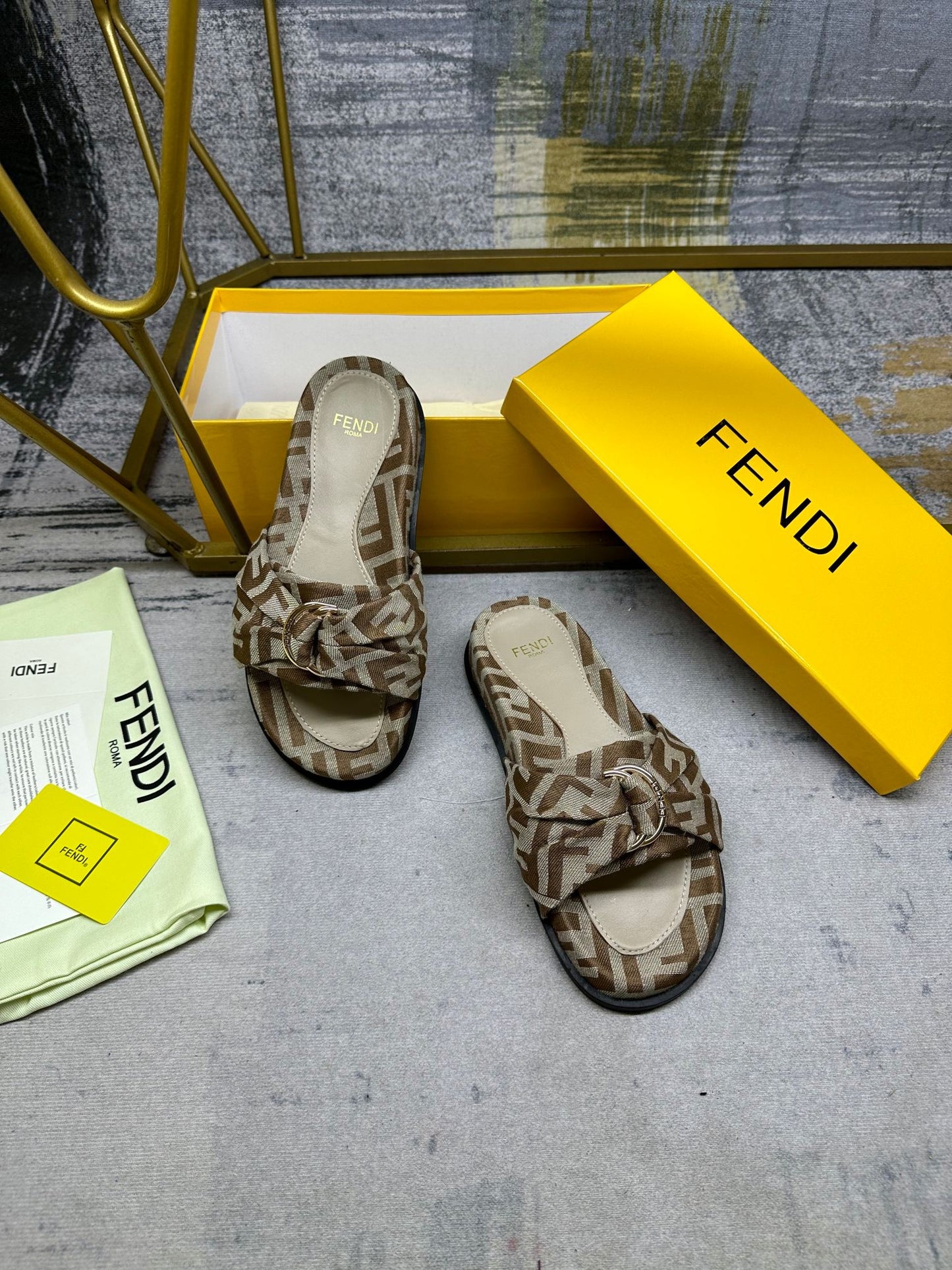 FENDI FF Feel 10 Brown Beige FF jacquard Slide