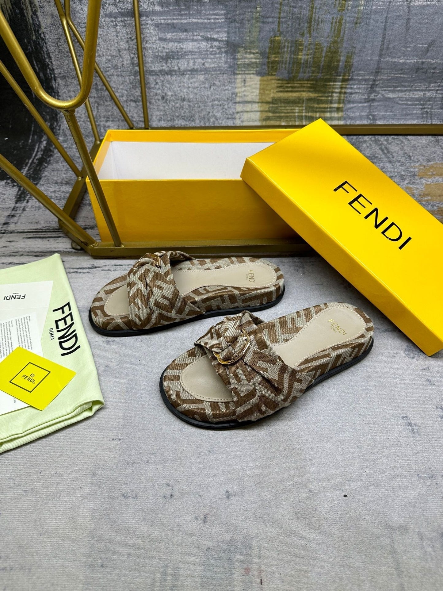 FENDI FF Feel 10 Brown Beige FF jacquard Slide