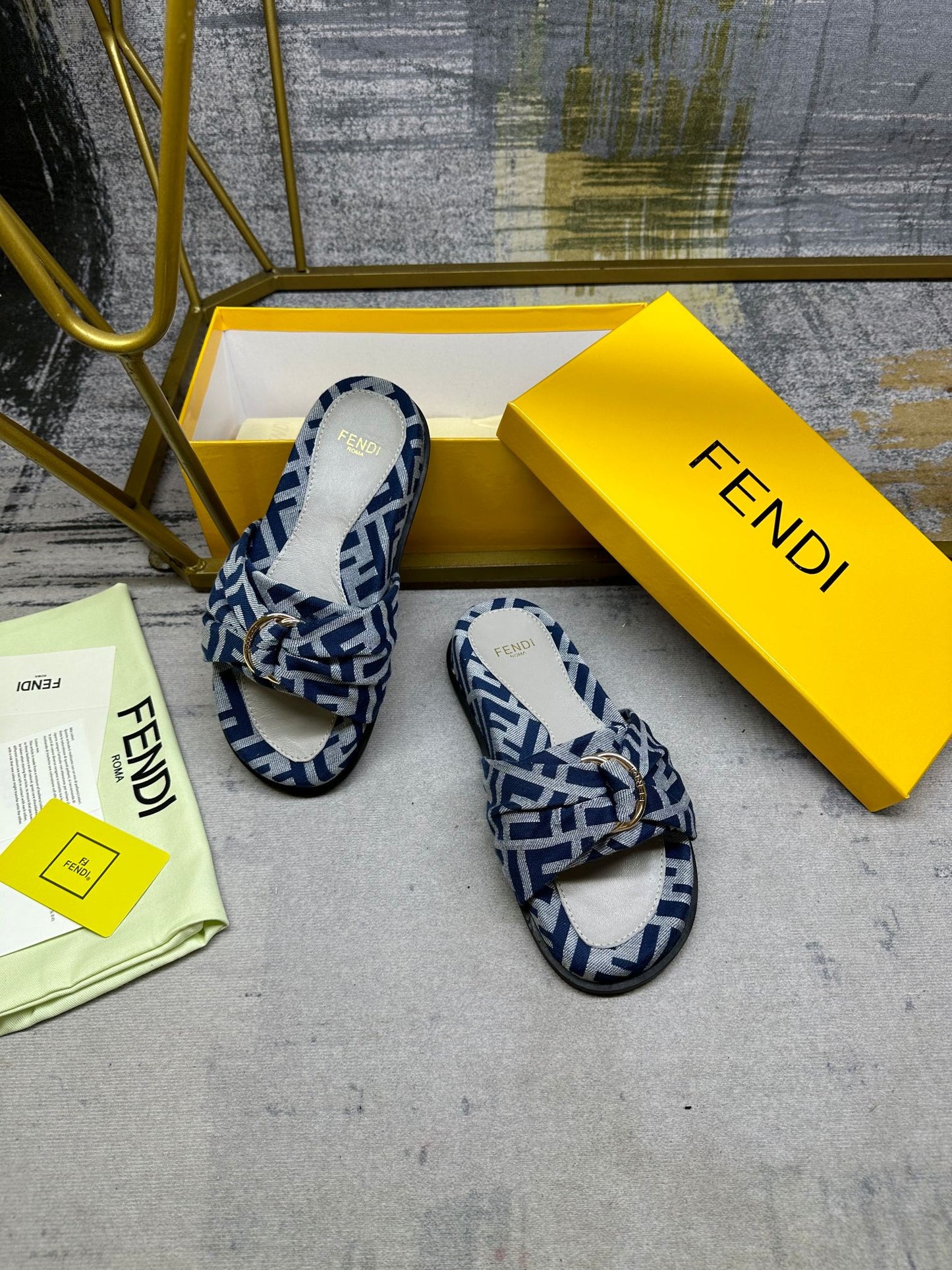 FENDI FF Feel 10 Blue Grey FF jacquard Slide
