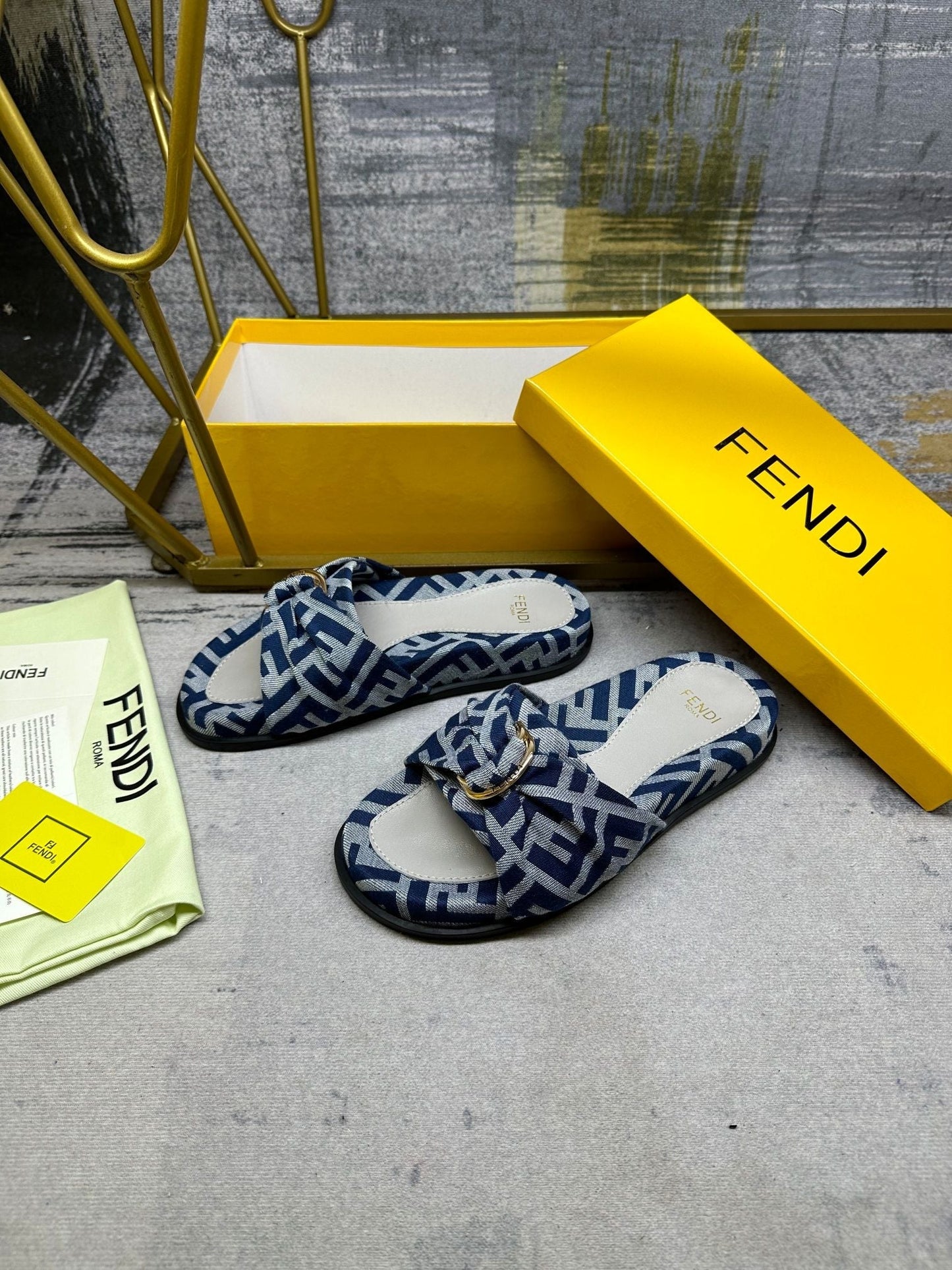 FENDI FF Feel 10 Blue Grey FF jacquard Slide