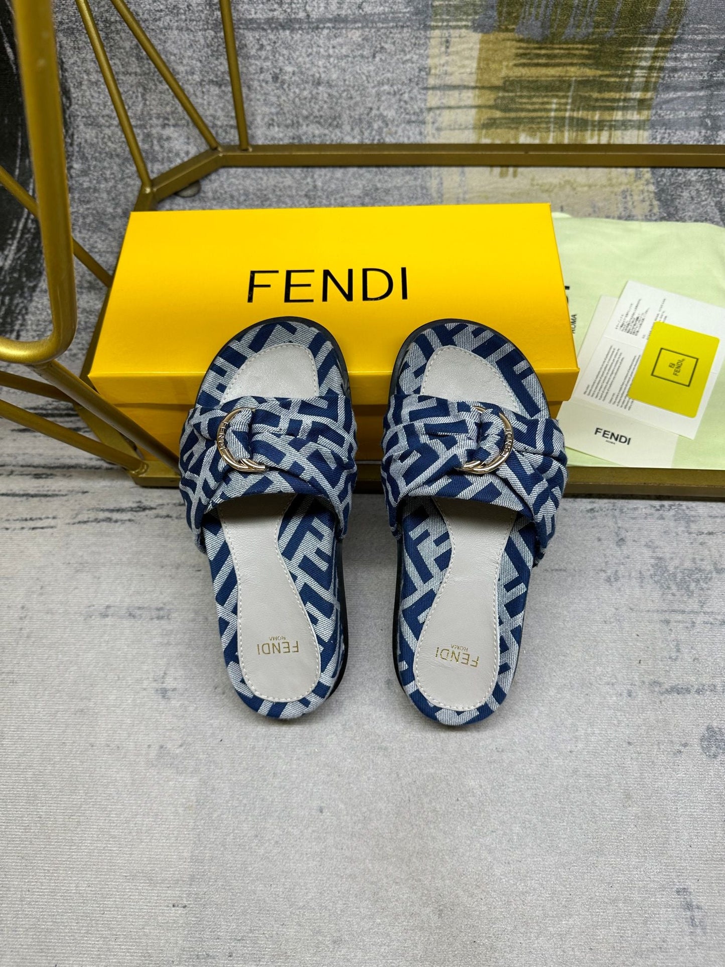 FENDI FF Feel 10 Blue Grey FF jacquard Slide