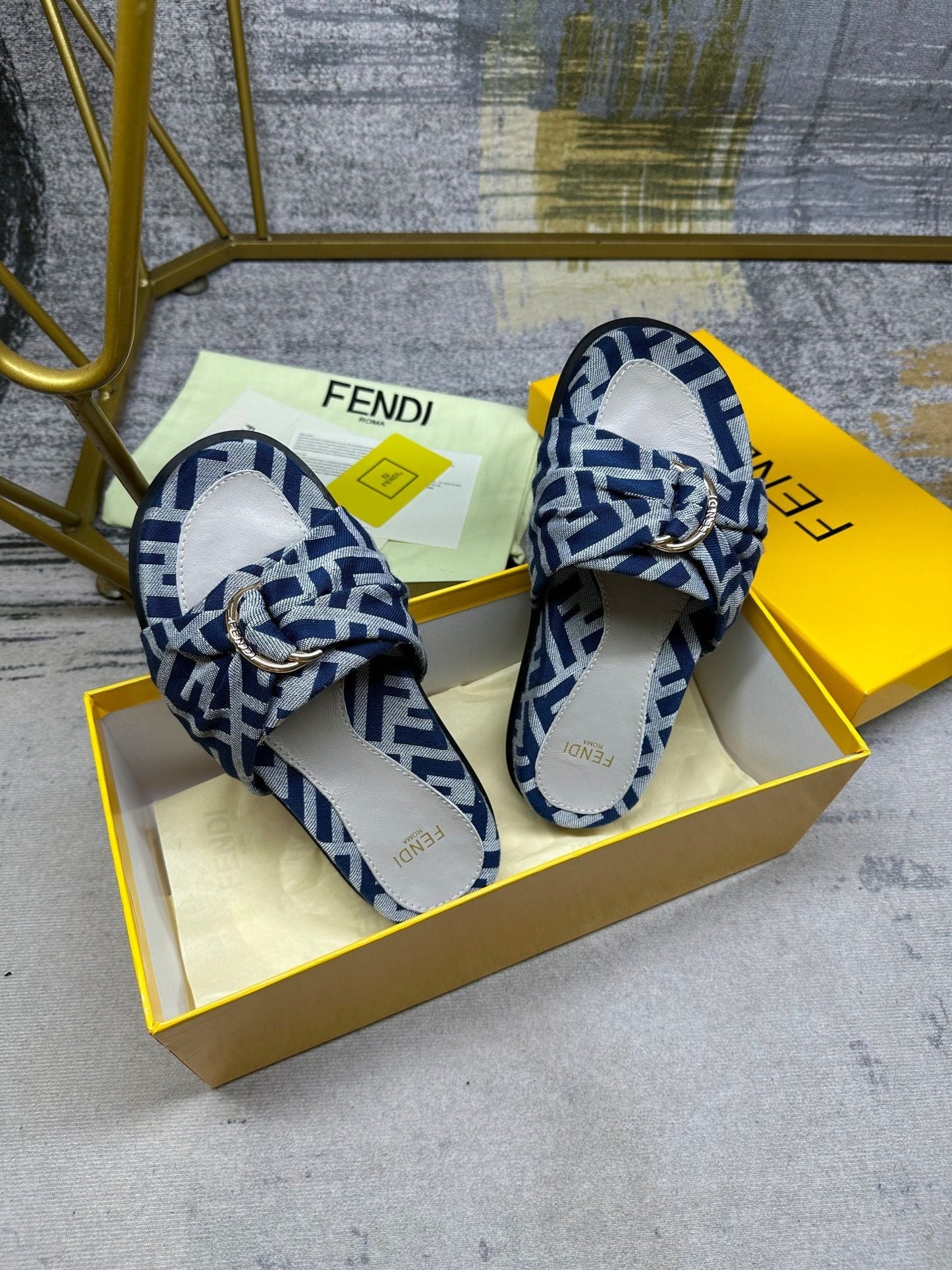 FENDI FF Feel 10 Blue Grey FF jacquard Slide