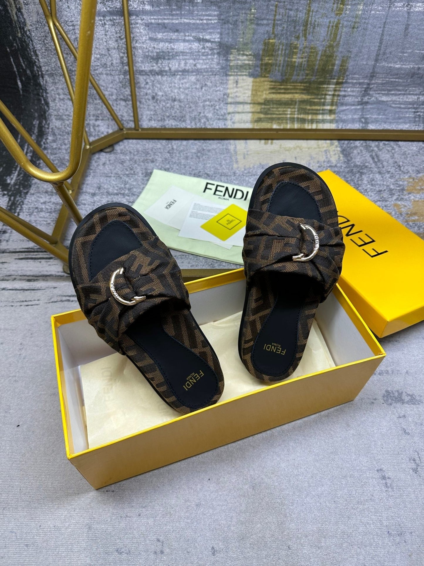 FENDI FF Feel 10 Brown Black FF jacquard Slide