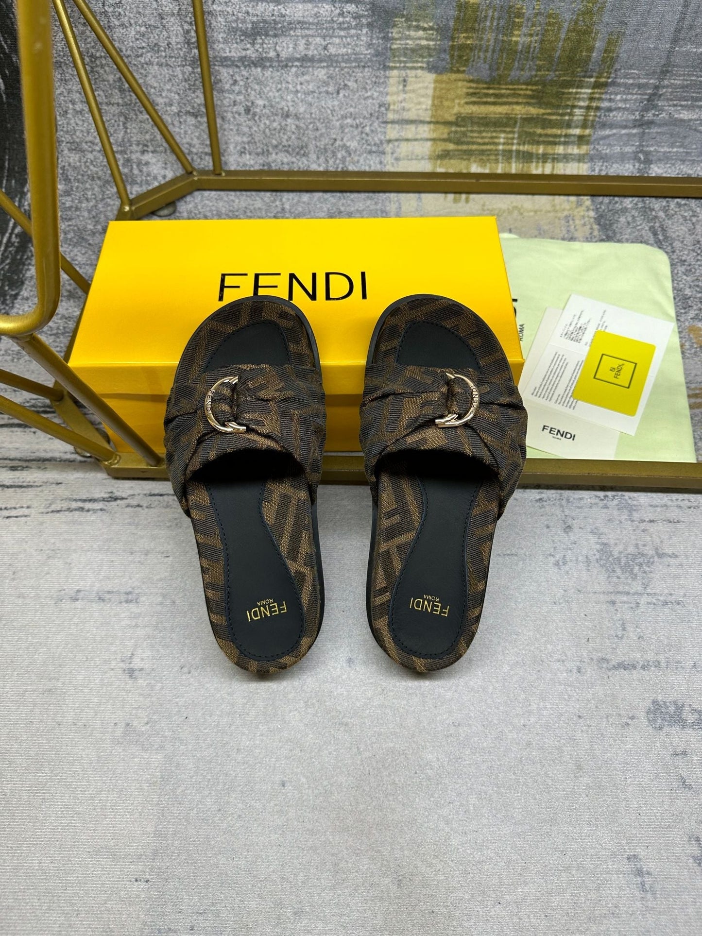FENDI FF Feel 10 Brown Black FF jacquard Slide
