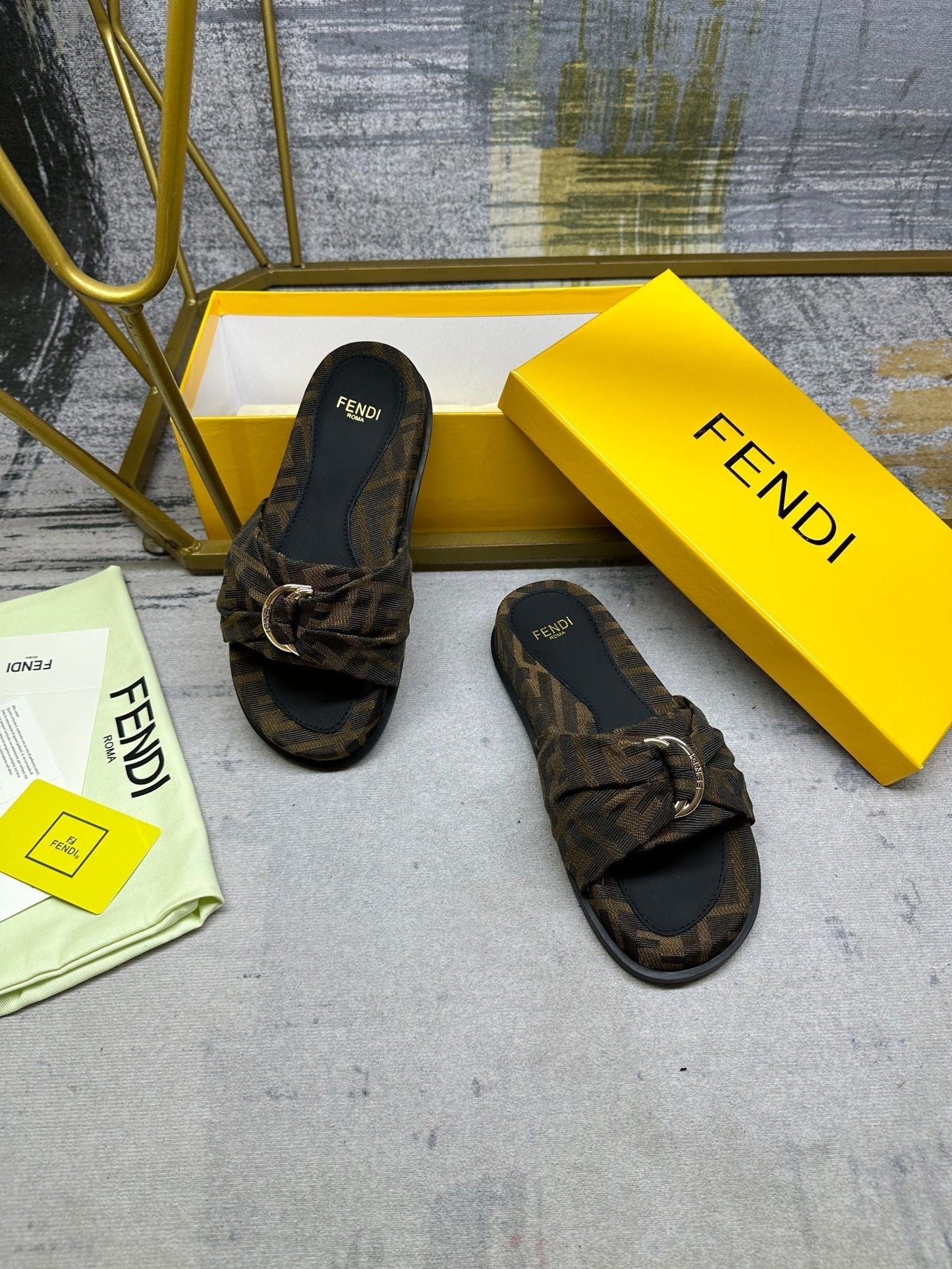 FENDI FF Feel 10 Brown Black FF jacquard Slide