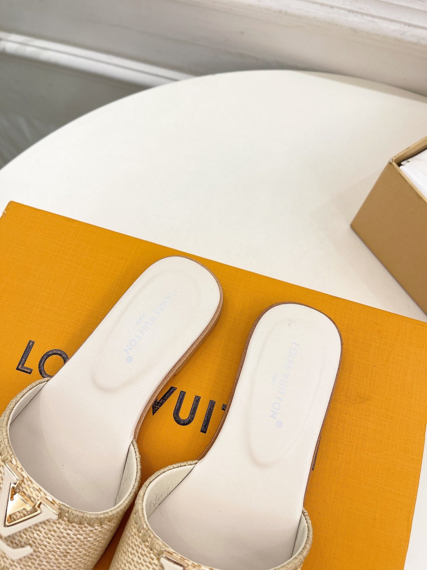 Louis Vuitton capri flat mule beige raffia cream calfskin