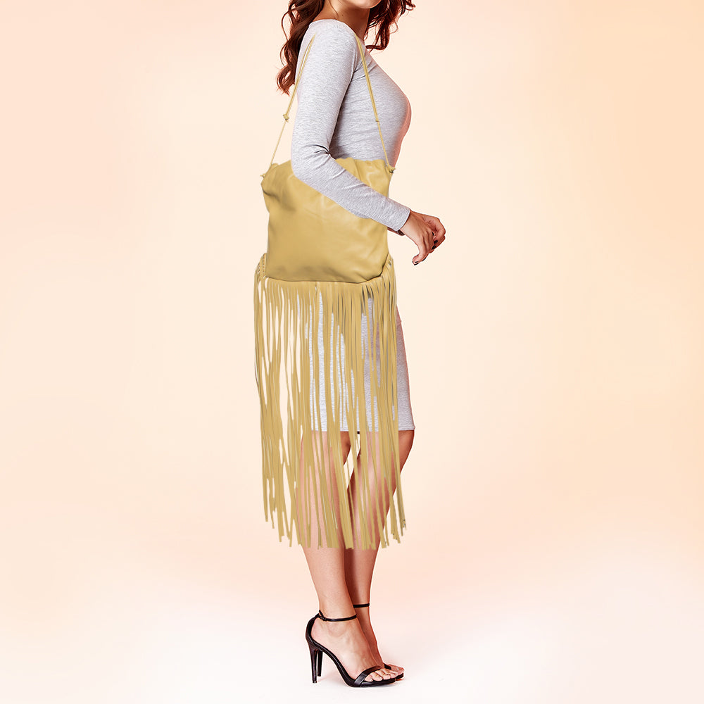 Bottega Veneta Beige Leather Fringe Pouch Hobo