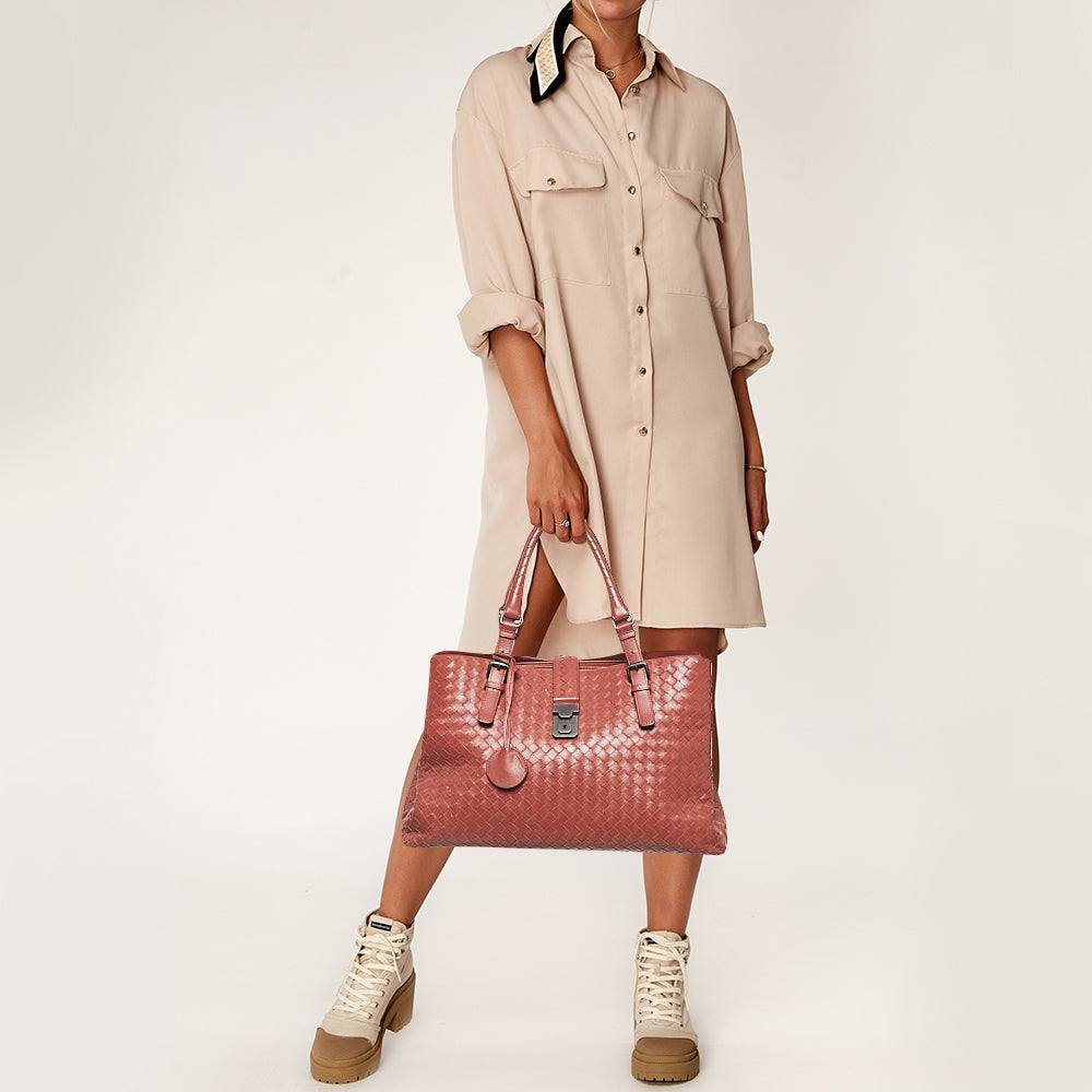 BOTTEGA VENETA Maroon Intrecciato Leather Medium Roma Tote