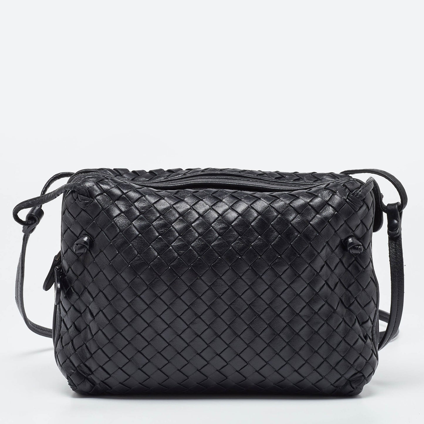 BOTTEGA VENETA Black Intrecciato Leather Nodini Double Zip Crossbody Bag
