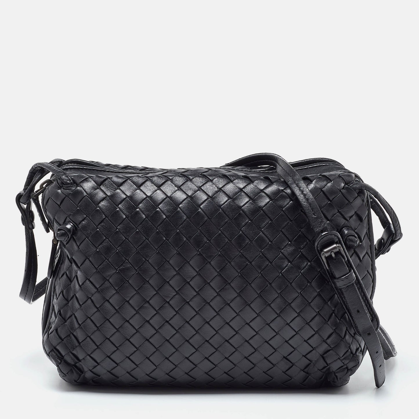 BOTTEGA VENETA Black Intrecciato Leather Nodini Double Zip Crossbody Bag