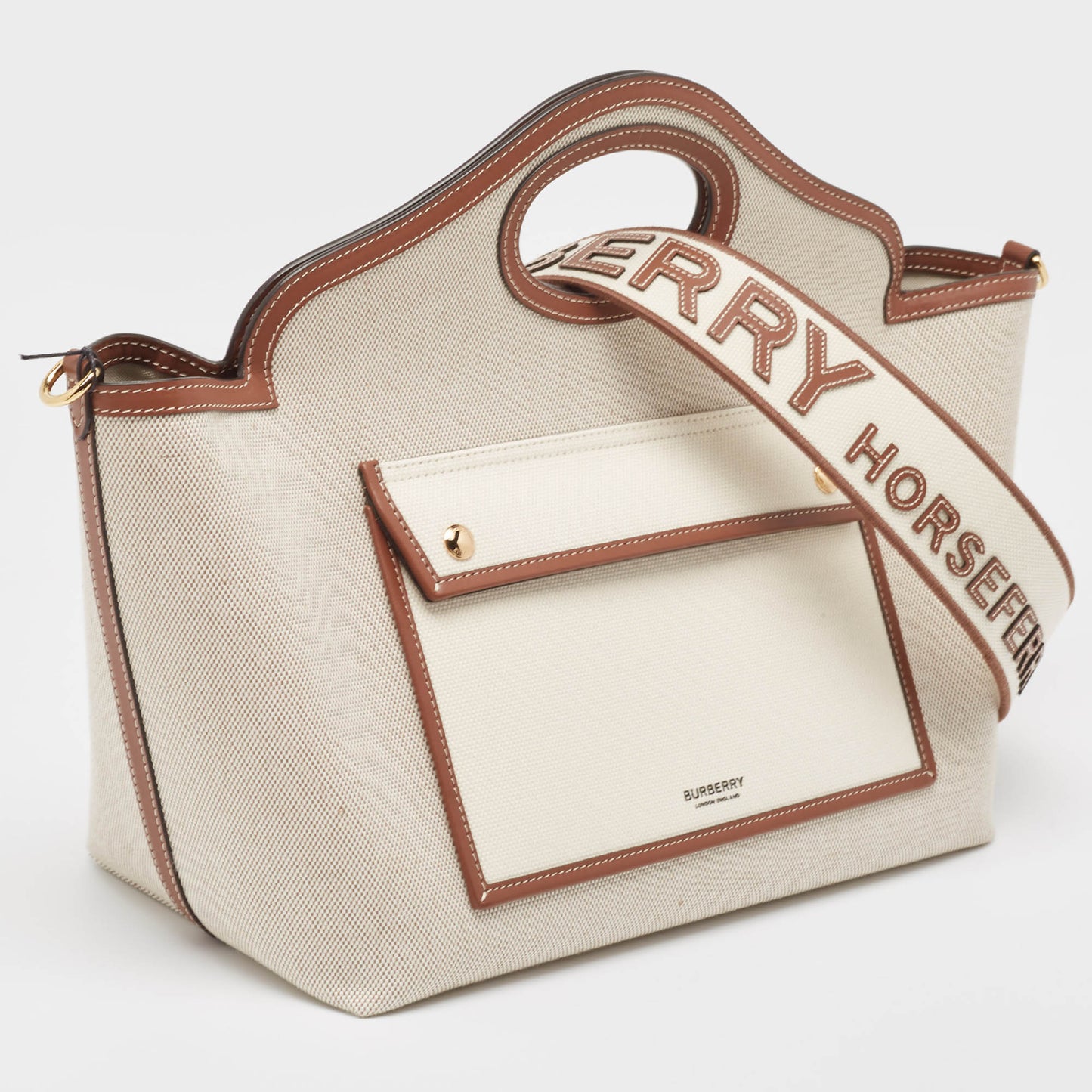 BURBERRY Beige/Brown Canvas and Leather Small Soft Pocket Tote