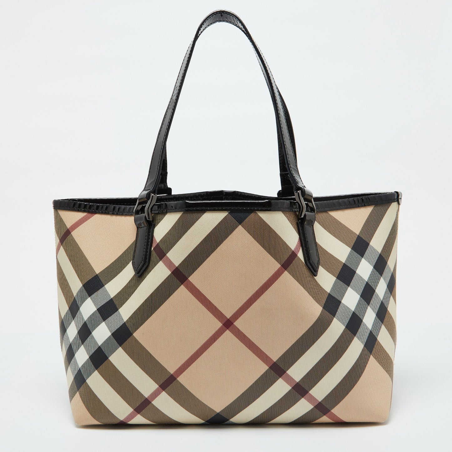 BURBERRY Beige/Black Supernova Check Coated Canvas and Patent Leather Nickie Tote