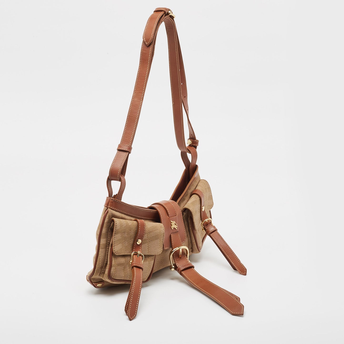 BURBERRY Beige/Brown Check Fabric and Leather Double Pocket Shoulder Bag