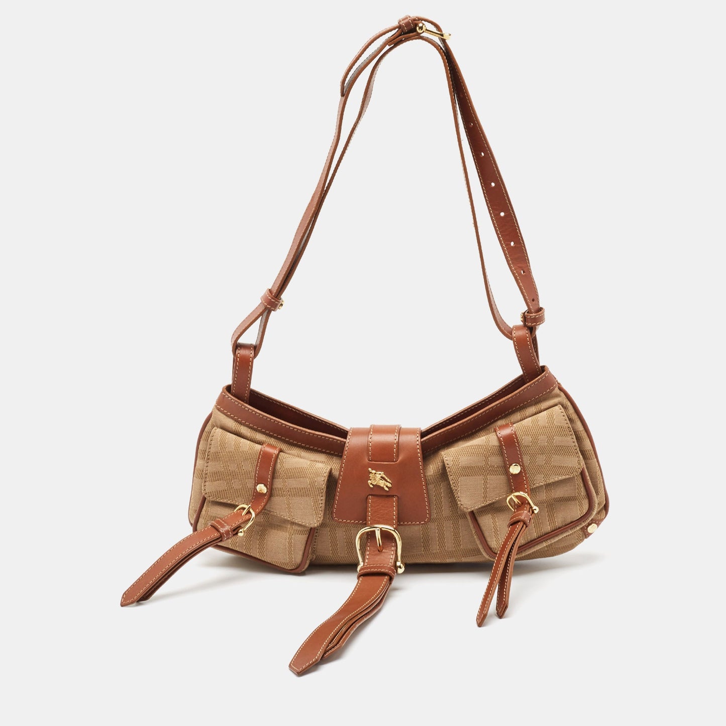BURBERRY Beige/Brown Check Fabric and Leather Double Pocket Shoulder Bag