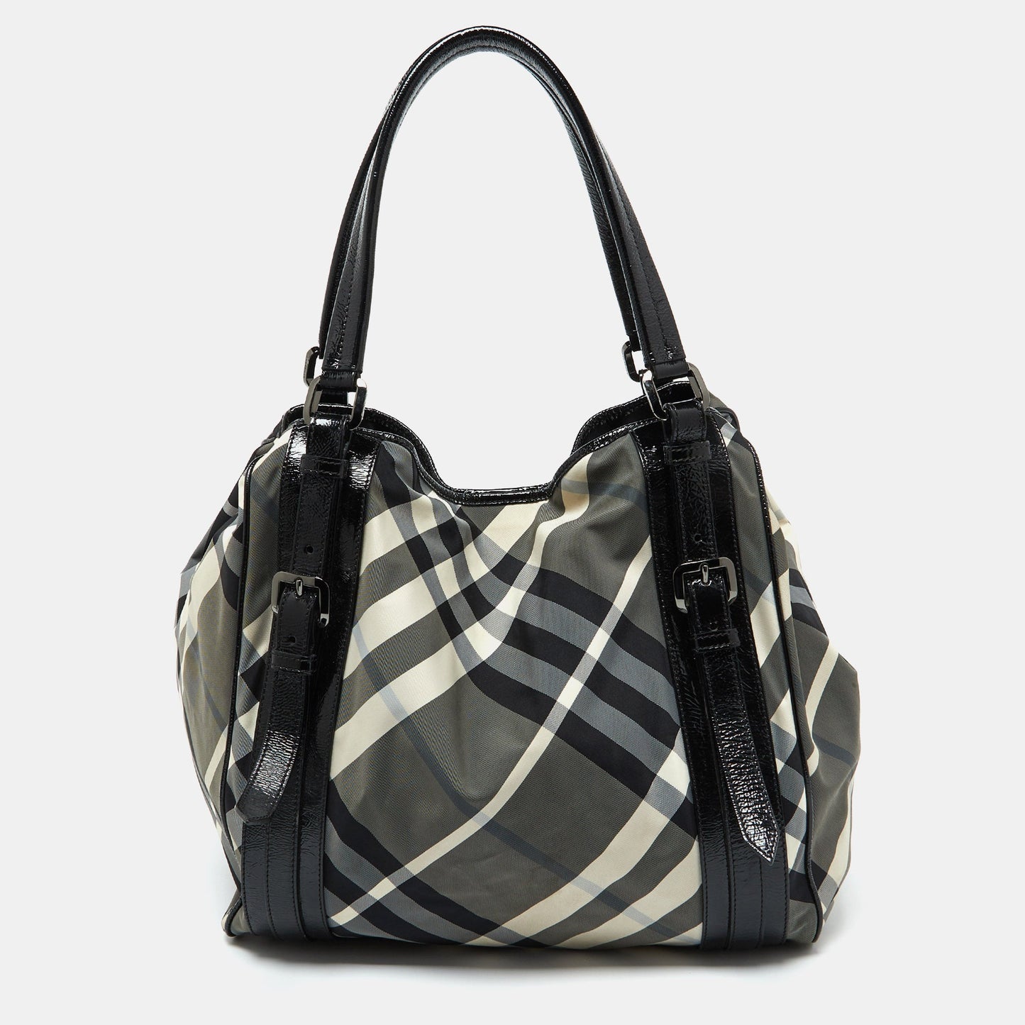 BURBERRY Black Beat Check Nylon and Patent Leather Large Victoria Tote