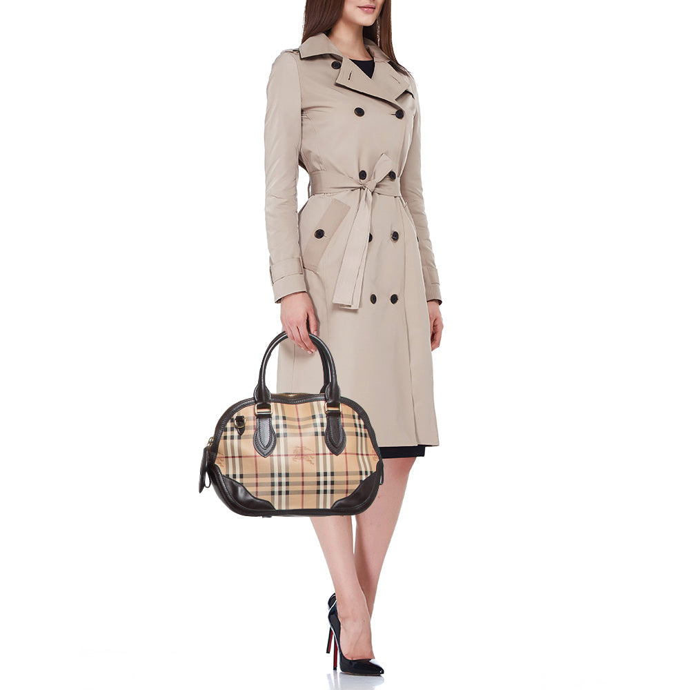 BURBERRY Beige/Dark Brown House Check Coated Canvas and Leather Orchard Bag
