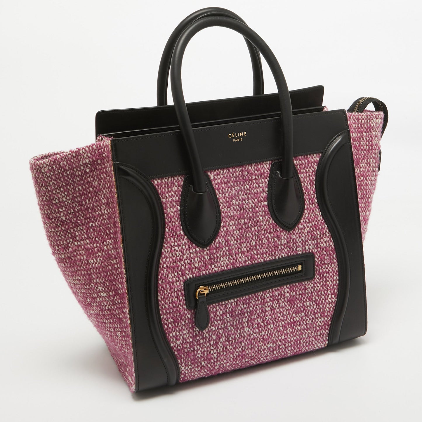 CELINE Black/Fuchsia Knit Fabric and Leather Mini Luggage Tote