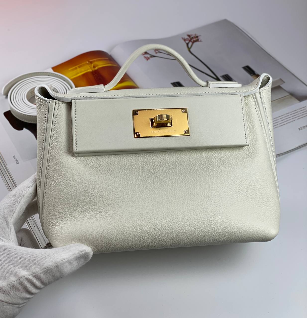 Hermes 24/24 Bag Evercolor with Swift 21 white Gold Hardware